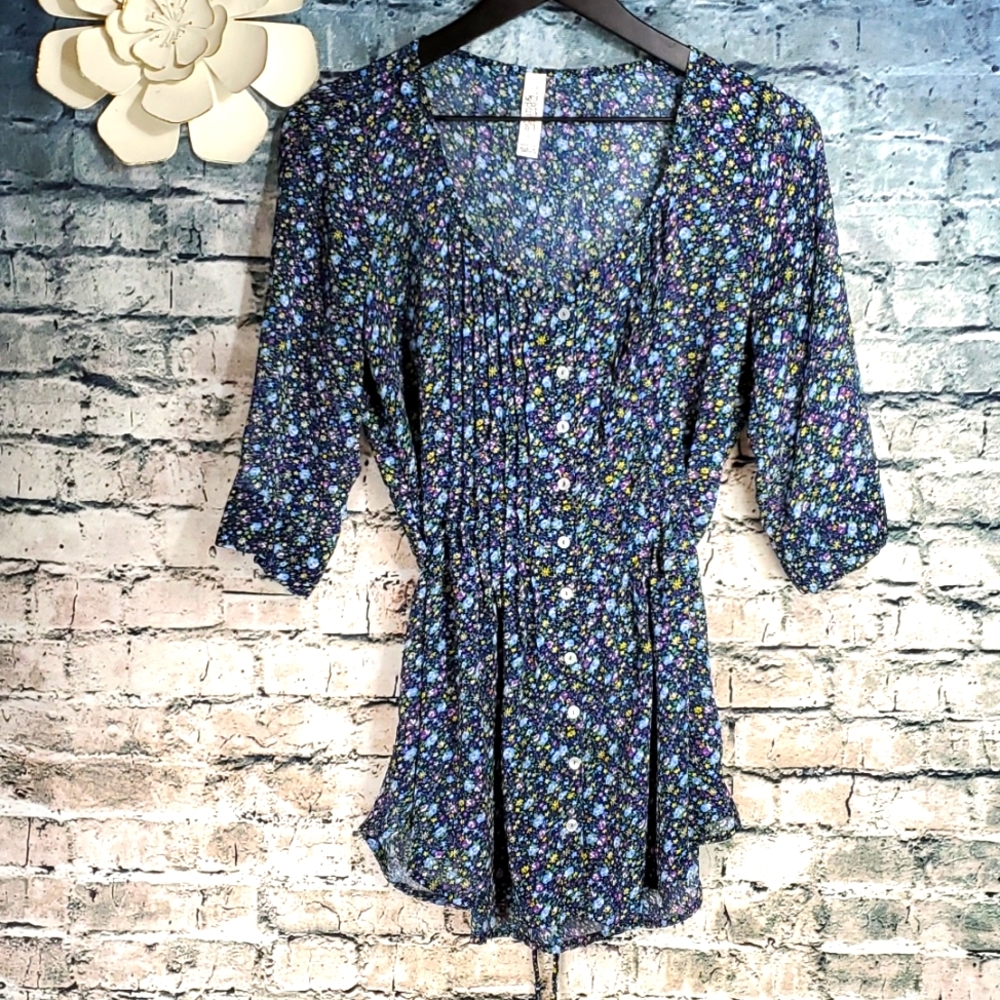 5/$30 🎀 Sound & Matter | Gypsy Boho Cottagecore Blue Purple Floral Sheer Blouse